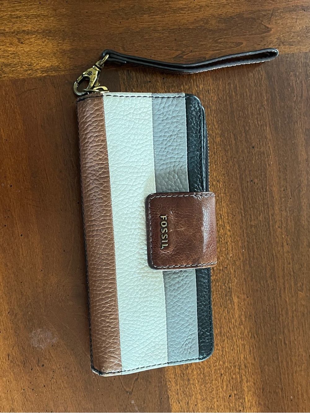 Fossil Brown, Cream & Gray Striped Leather Wristlet Wallet